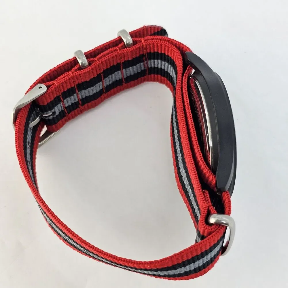 Field Men's Watch 42MM Black Case Black‎ Dial Red Black Gray Canvas Band Strap